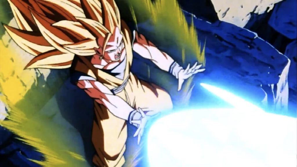 Goku firing a continuous kamehameha in Super Saiyan level 3 form [Dragon Ball]